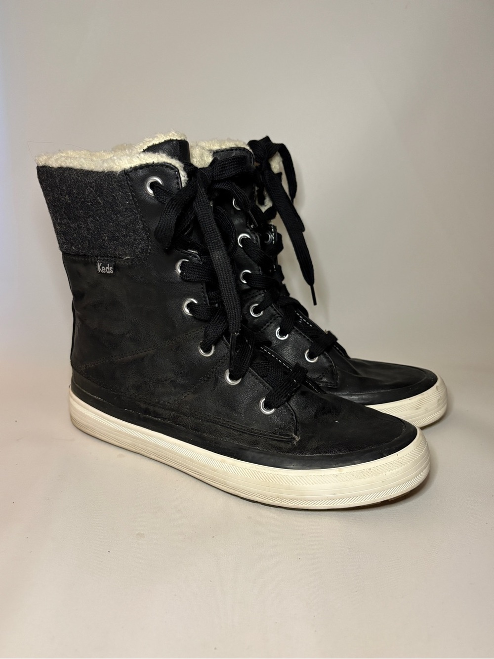 Keds Juliet Winter Boots Black Leather Faux Fur Lined High Top Sneaker Size 7‎